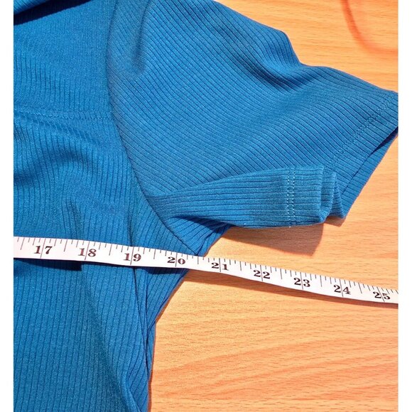 Nina Parker Midi Dress 2X Blue Cut Out Stretch Ribbed Ruched Short Sleeve Casual - Picture 4 of 16